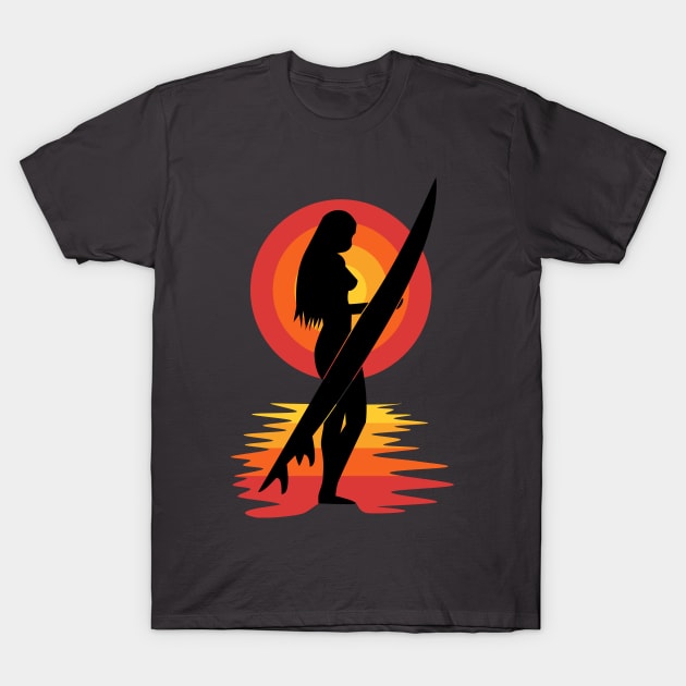 Surfer girl silhouette sunset T-Shirt by All About Nerds